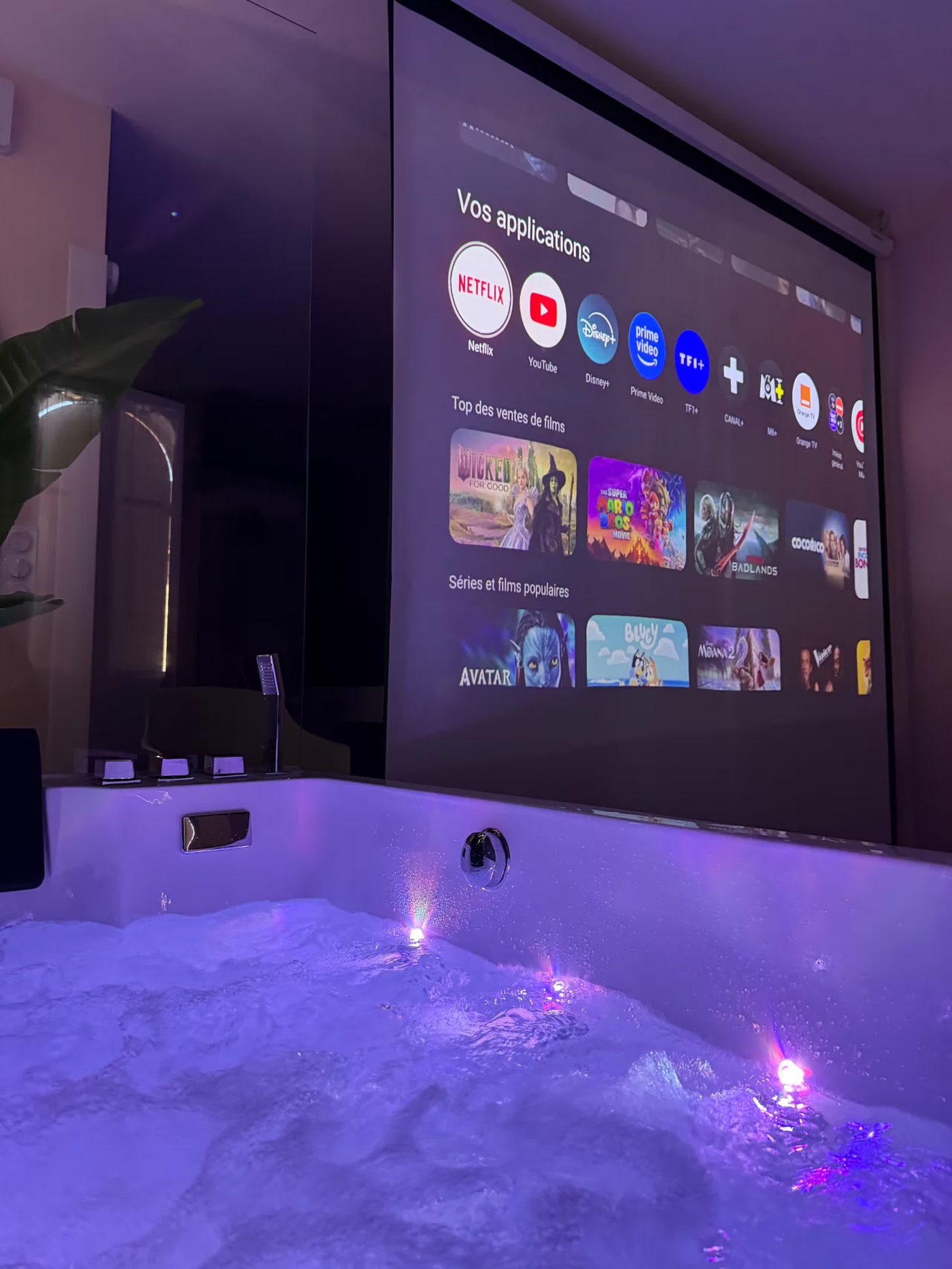 La Selva — Jacuzzi balnéo illuminé face à l'écran de cinéma privé, La Chapelle-Saint-Ursin près de Bourges