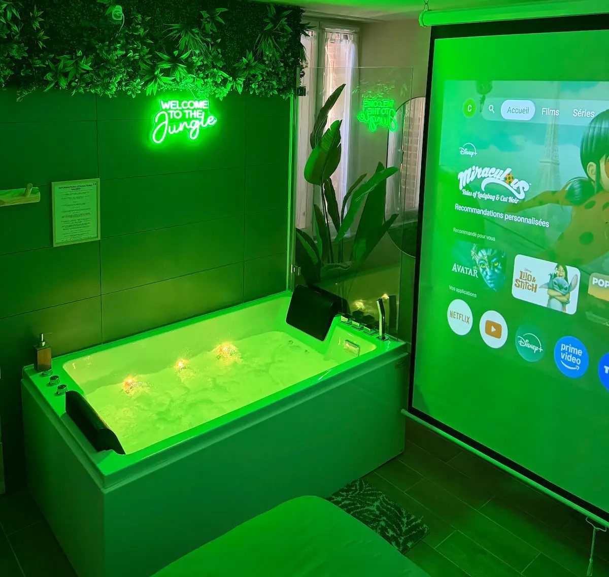 La Selva — jacuzzi balnéo ambiance jungle et salle cinéma, location courte durée Bourges